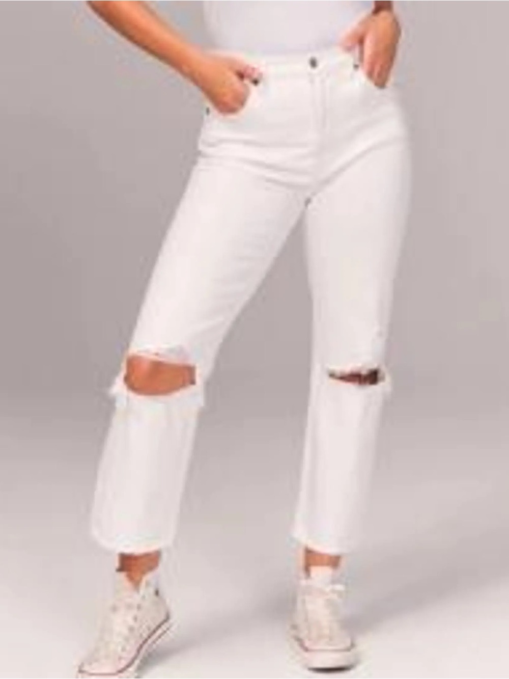 Abercrombie & Fitch Jeans, Super High Rise Ankle, White Ripped, Raw Hem, Size 0